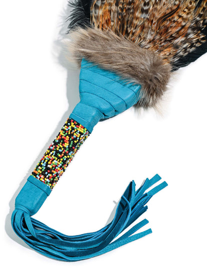 DISCOUNTED/2NDS Sacred Prayer Feather Fan with Beaded Handle | Xsi0572-Teal