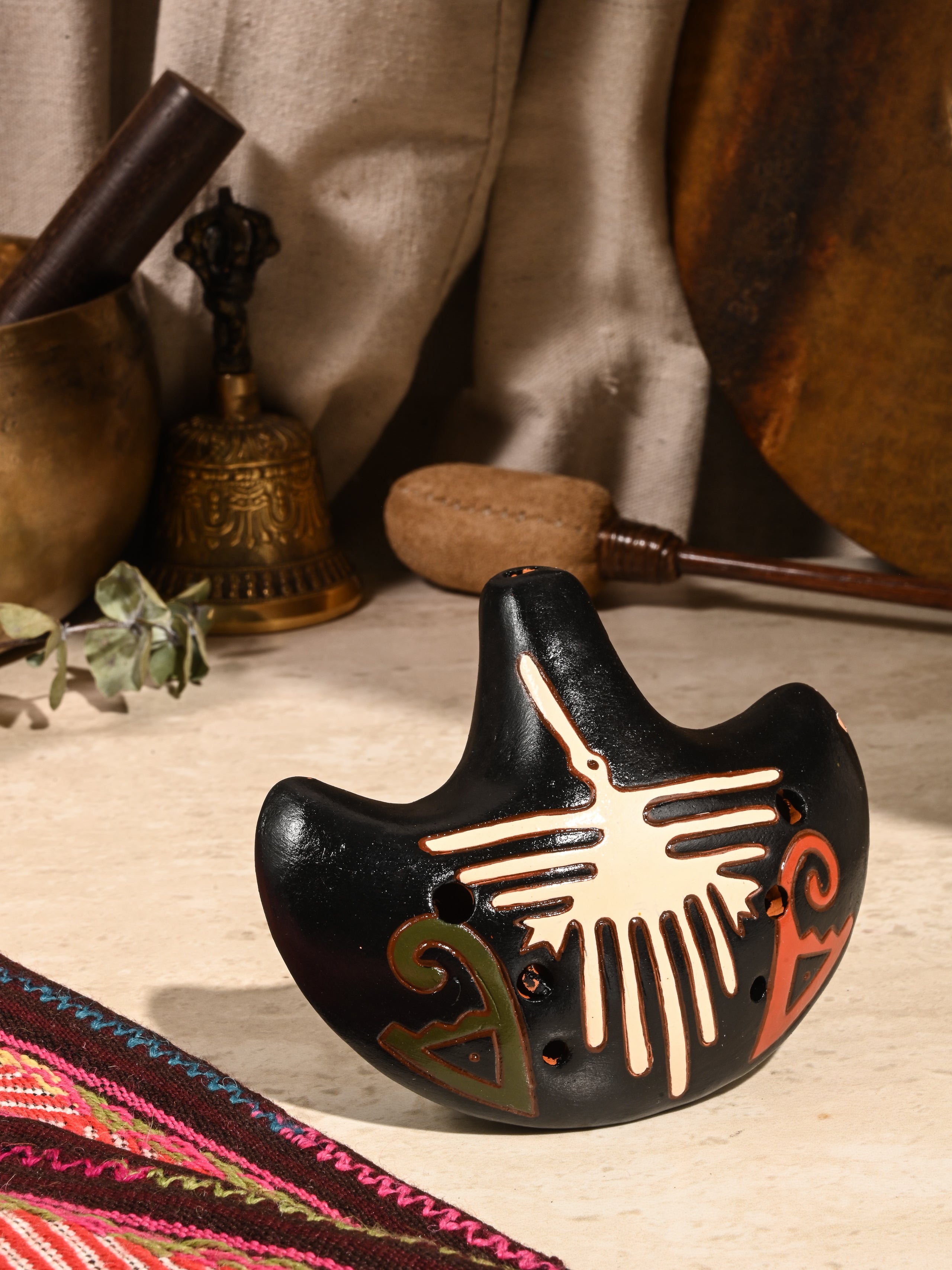 Red Ceramic Ocarina with Nazca Hummingbird from Peru - Harmony of