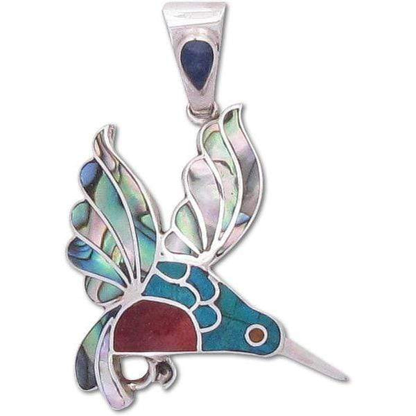 950 Sterling Silver Shell and Stone Inlay Peruvian Sacred Hummingbird  Pendant